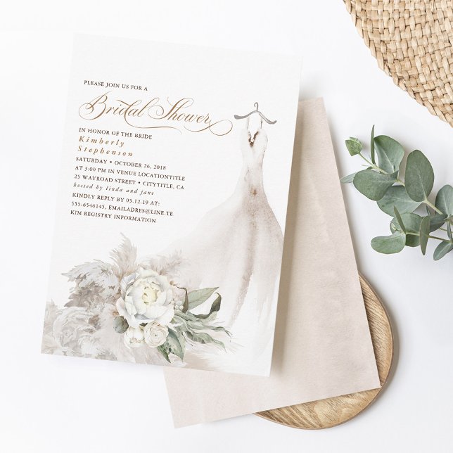 White Flowers Pampas Grass Greenery Bridal Shower Invitation (Creator Uploaded)