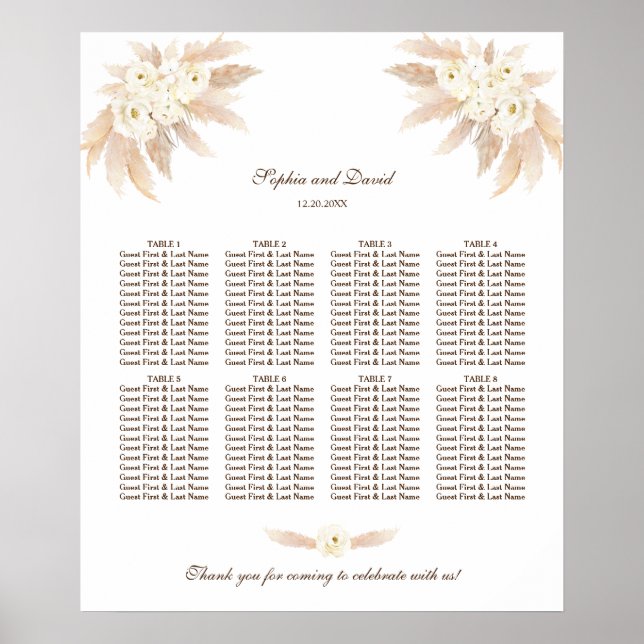 White Flowers Pampas Grass Wedding Seating Chart (Front)