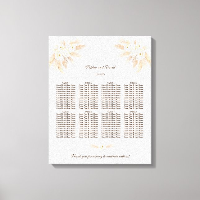 White Flowers Pampas Grass Wedding Seating Chart Canvas Print (Front)