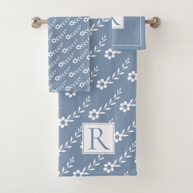 White flowers pattern and monogram dusty blue bath towel set (Insitu)