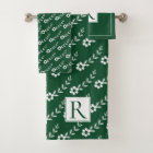White flowers pattern and monogram emerald green