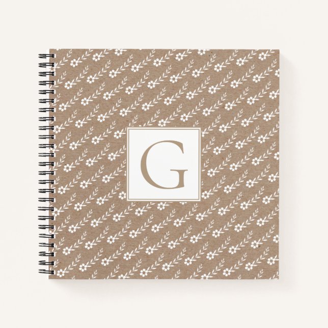 White flowers pattern and monogram rustic notebook (Front)