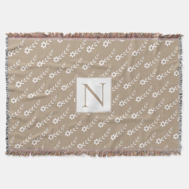 White flowers pattern and monogram rustic throw blanket (Front)