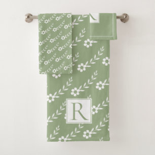 White flowers pattern and monogram sage green  bath towel set