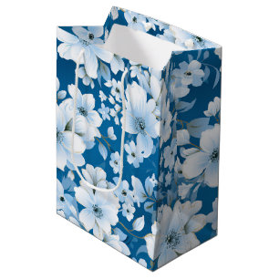 white flowers pattern, blue background, medium gift bag