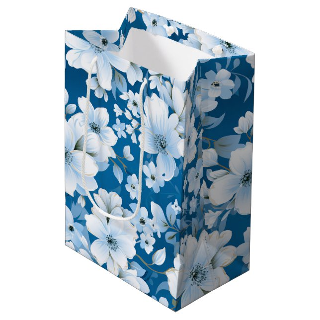 white flowers pattern, blue background, medium gift bag (Front Angled)