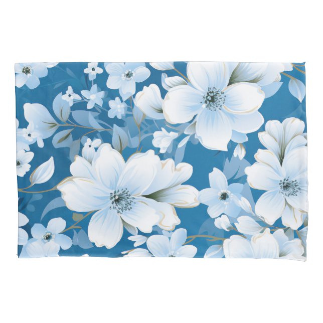 white flowers pattern, blue background, pillowcase (Front)