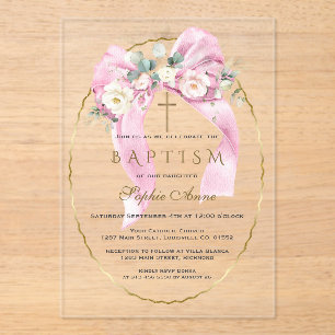 White Flowers Pink Bow Girl Baptism Transparent   Acrylic Invitations