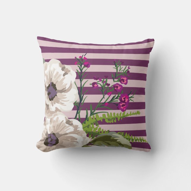 White Flowers Plum Stripes Cushion (Front)