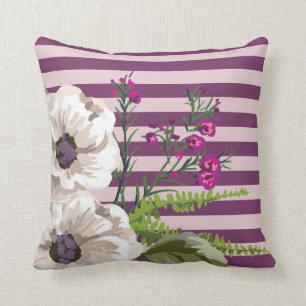 White Flowers Plum Stripes Cushion
