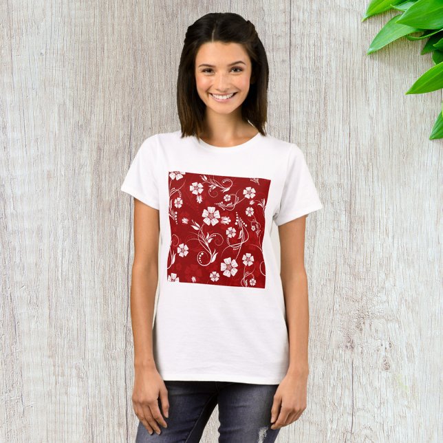 White Flowers Red Background T-Shirt (Creator Uploaded)