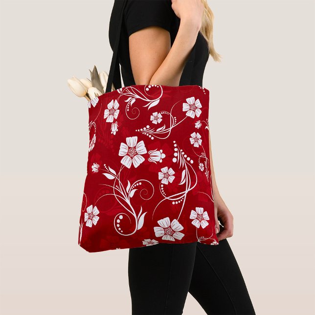 White Flowers Red Background Tote Bag (Creator Uploaded)
