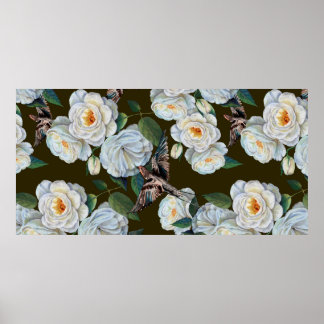 White flowers rose with leaves drawing in pastel.  poster