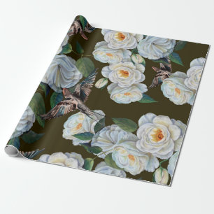 White flowers rose with leaves drawing in pastel. wrapping paper