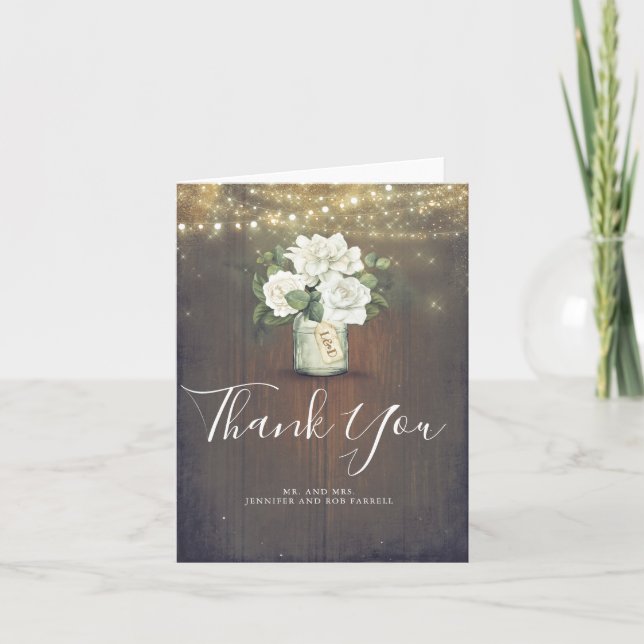 White Flowers Rustic Country Wedding Thank You Card (Front)