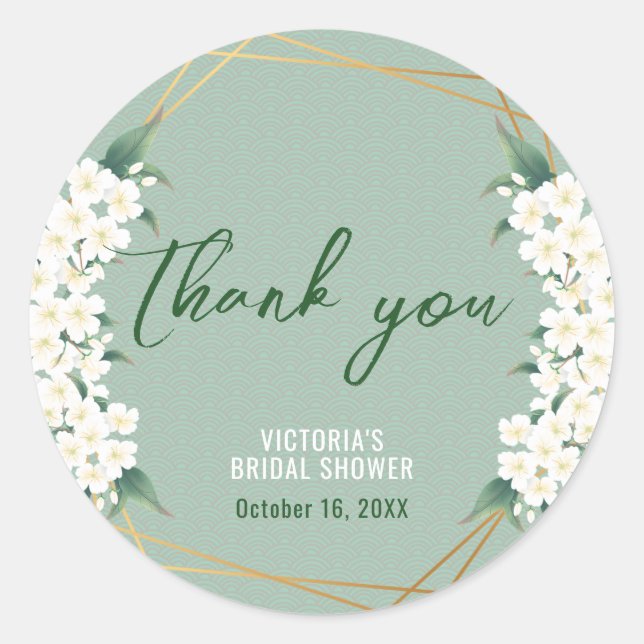 White Flowers Sage Green Gold Frame  Classic Round Sticker (Front)