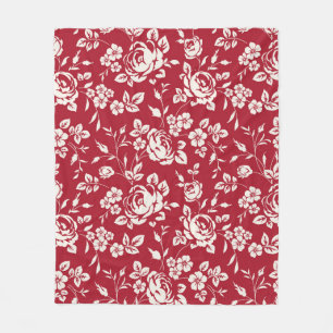 White flowers silhouette on red background. Seamle Fleece Blanket