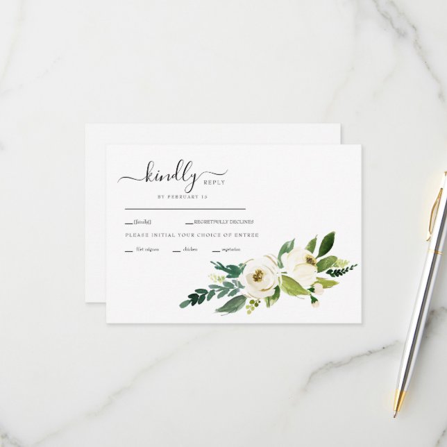 White Flowers Swash Wedding RSVP Card (Front/Back In Situ)