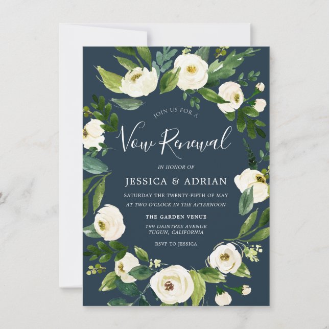 White Flowers Turquoise Vow Renewal Invite (Front)