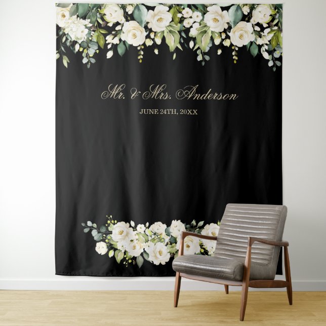White Flowers Wedding Black Photo Booth Backdrop Tapestry (In Situ)
