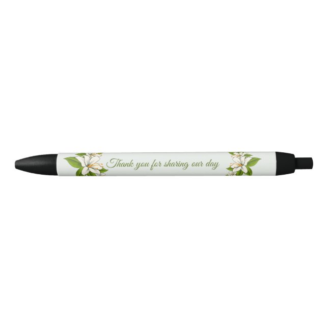 White Flowers Wedding Favour Black Ink Pen (Front)