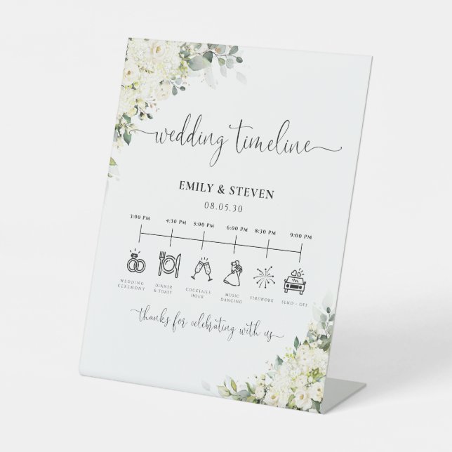 White Flowers Wedding Timeline Sign (Front)