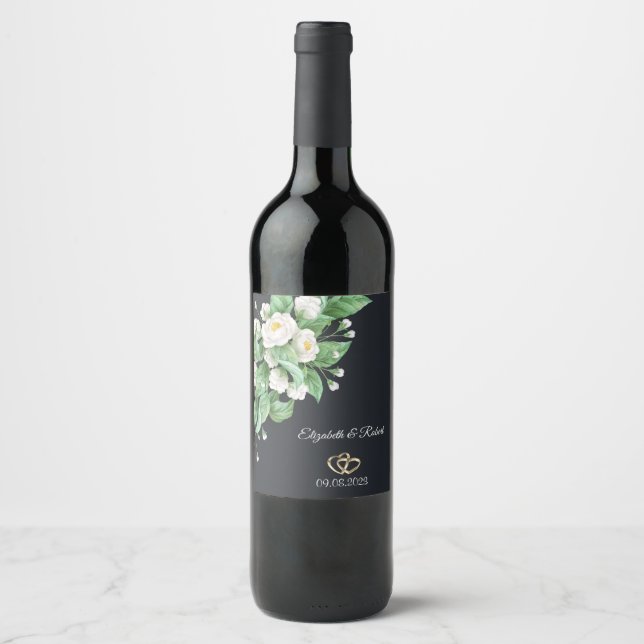 White Flowers Wedding Wine Label (Front)
