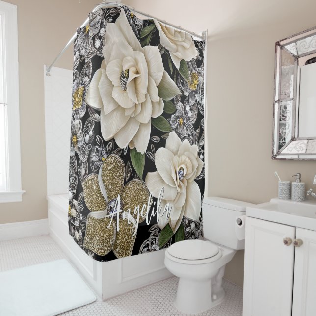 White Flowers with Glitters and Personalised Name Shower Curtain (In Situ)