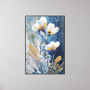 White Flowers with Gold and Blue Accents AbstracT Canvas Print