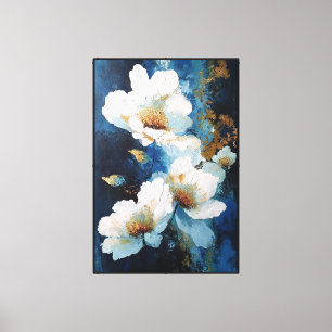 White Flowers with Gold on Blue – Abstract Wall Canvas Print