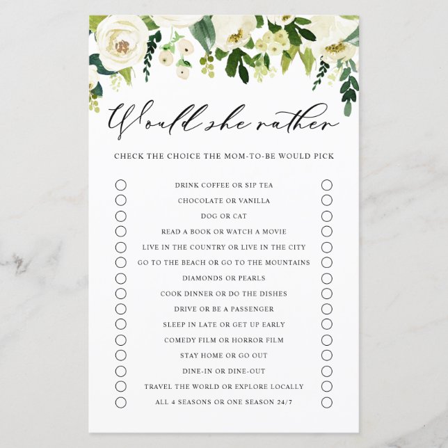 White Flowers Would She Rather Baby Shower Game (Front)