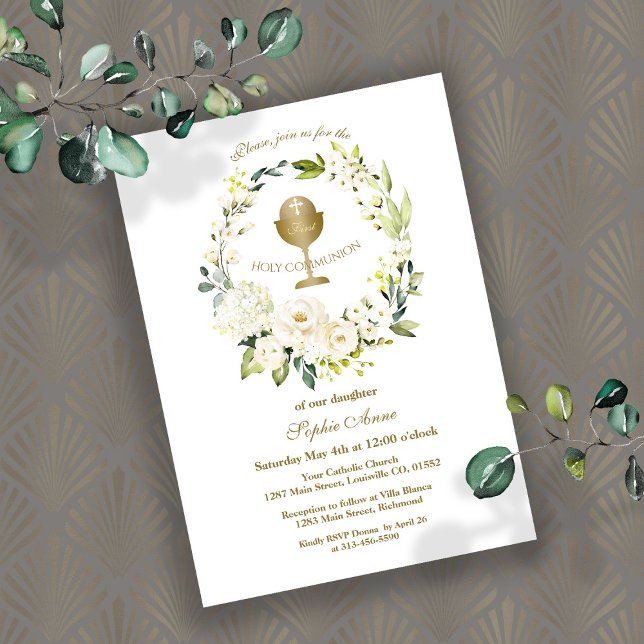 White Flowers Wreath Girl First Holy Communion Invitation (Creator Uploaded)