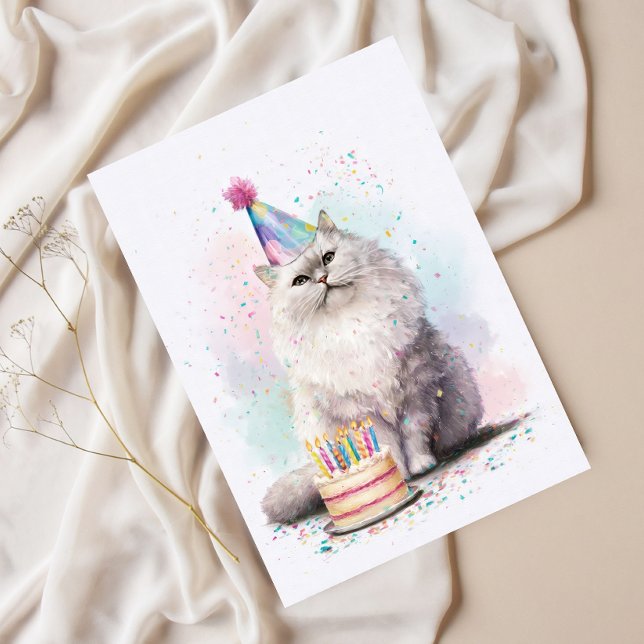 White Fluffy Birthday Cat – Party Hat Cat Postcard (Creator Uploaded)