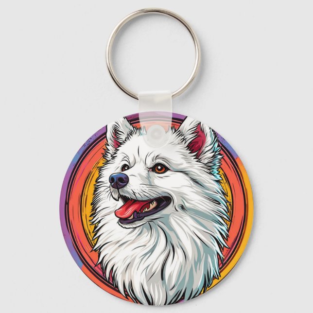 White Fluffy Dog in Vibrant Art Style Key Ring (Front)