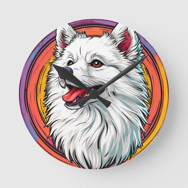 White Fluffy Dog in Vibrant Art Style Round Clock (Front)
