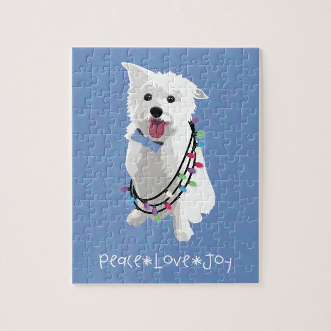 White Fluffy Dog - Peace Joy Love - Holiday Jigsaw Puzzle (Vertical)