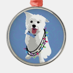 White Fluffy Dog - Peace Joy Love - Holiday Metal Tree Decoration