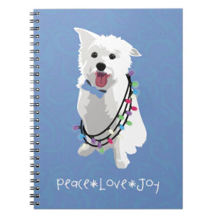 White Fluffy Dog - Peace Joy Love - Holiday Spiral Notebook