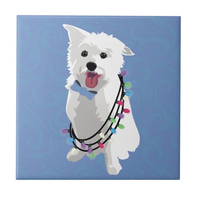 White Fluffy Dog - Peace Joy Love - Holiday Tile (Front)
