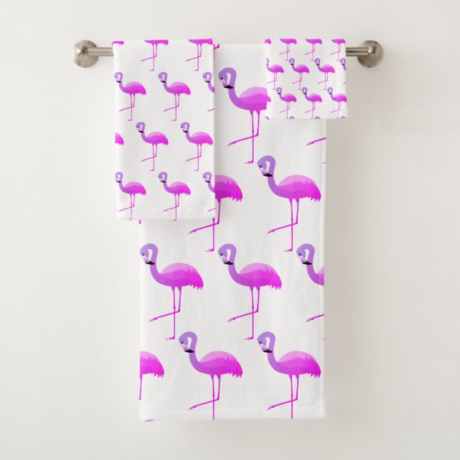 WHITE FLURO FLAMINGO PATTERN BATHROOM TOWEL SET (Insitu)
