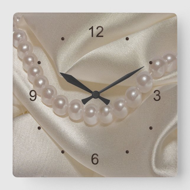 White Folded Satin and Pearls Wedding Square Wall Clock (Front)