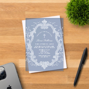 White Foliage Crest on Blue Baptism Acrylic Invitations