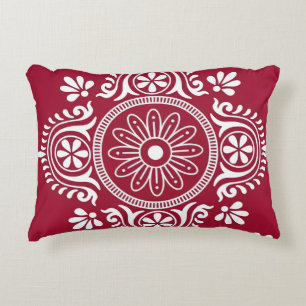 White Folk Motif on Red Background Decorative Cushion