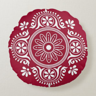 White Folk Motif on Red Background Round Cushion