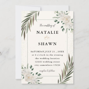 White Folwers And Greenery Wedding Invitation