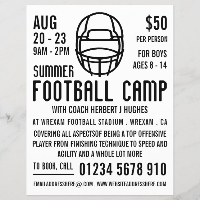 White Football Helmet, Football Camp Advertising Flyer (Front)