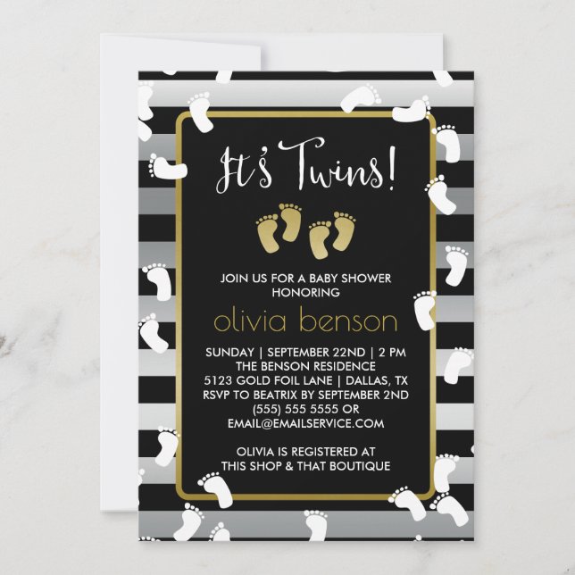 White Footprints Silver & Gold Twins Baby Shower Invitation (Front)