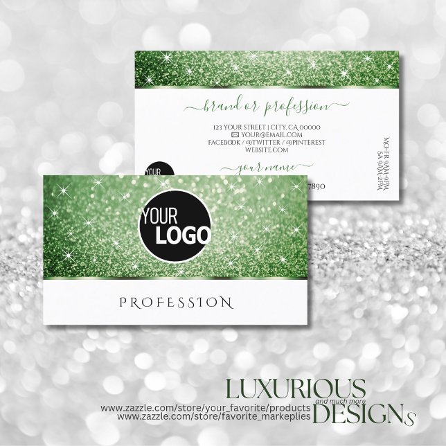 White Forest Green Glitter Sparkle Stars add Logo Business Card (Creator Uploaded)