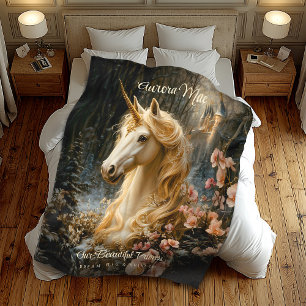 White Forest Unicorn Fantasy Castle Fairytale Fleece Blanket