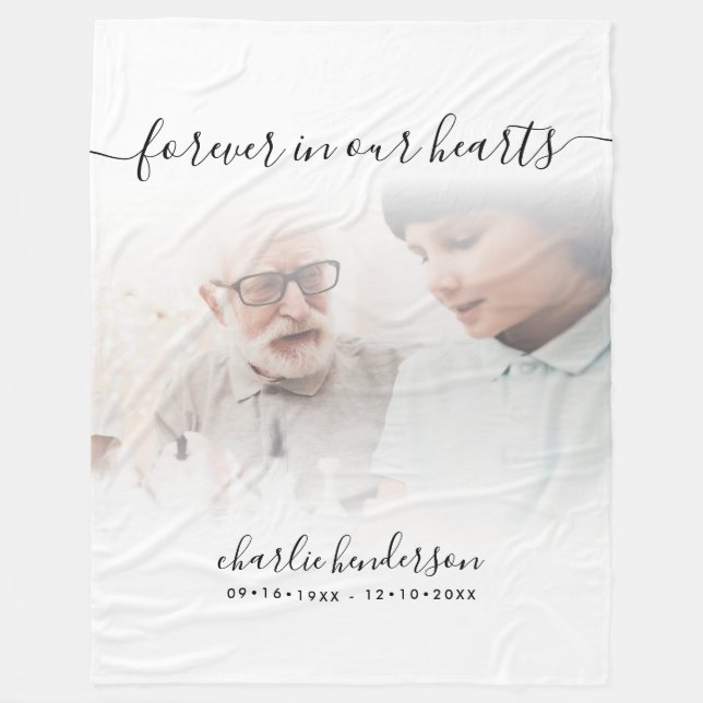 White Forever In Our Hearts Photo Memorial Tribute Fleece Blanket (Front)